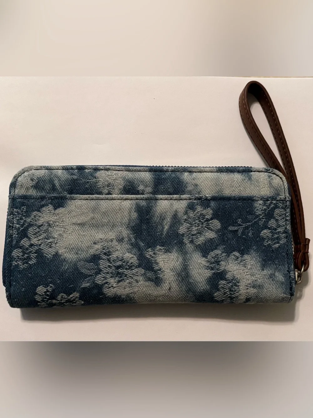 Lucky Brand Blue Floral Denim Wristlet Wallet with Brown Strap